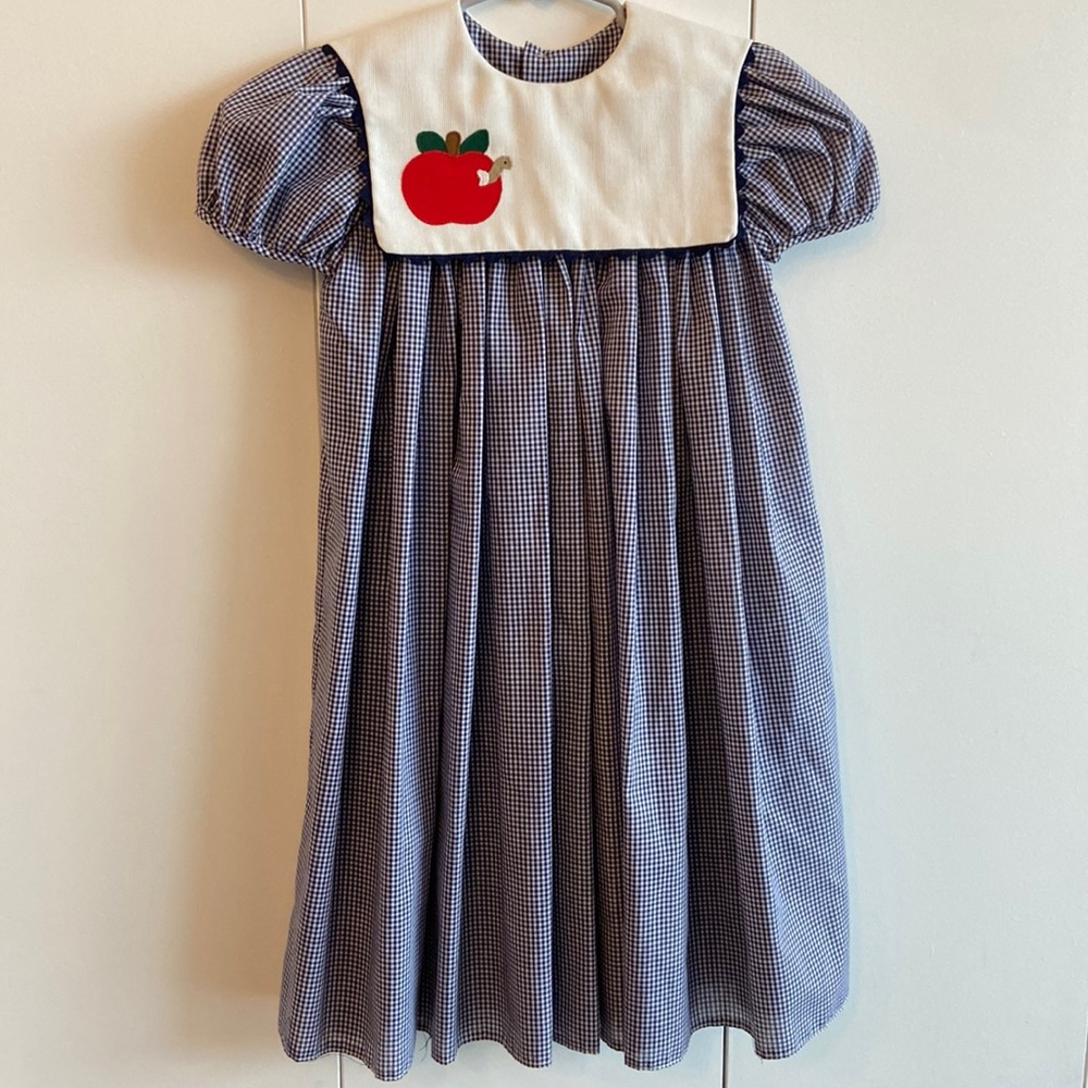 Girls Navy Gingham Dress with Apple Applique